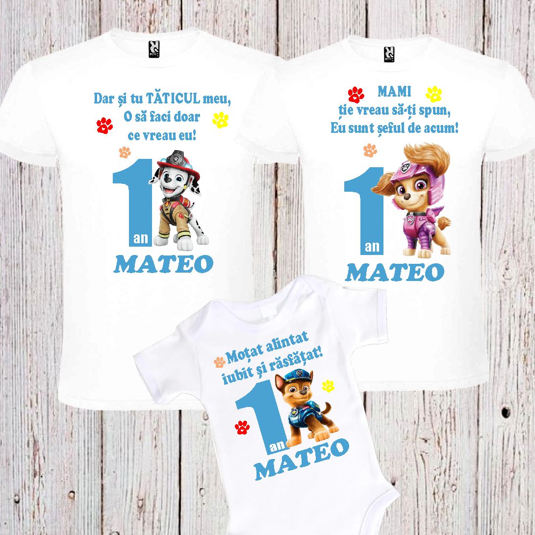 Set 2 tricouri si body pentru aniversare 1 an, ”Patrula catelusilor”